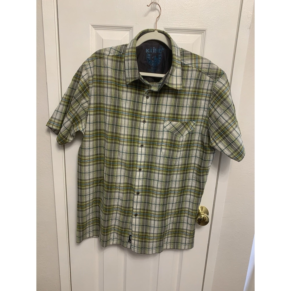 KÜHL Men's Plaid Button-Up Short Sleeve Shirt Green Gray XL